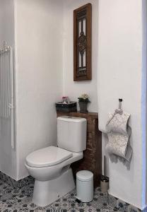 W łazience znajduje się biała toaleta i lustro. w obiekcie Apartamenti Kuldīgas Pilsdzirnavas w mieście Kuldīga