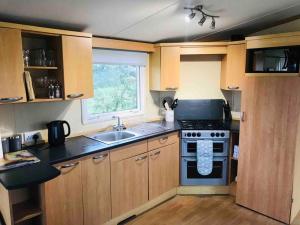 a small kitchen with a stove and a sink at Plum Tree Lodge Set in 2 acres of Private Land in Coundon
