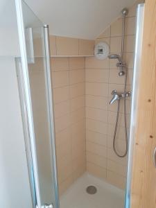 a bathroom with a shower with a shower head at Résidence récente au coeur des monts du Cantal in Laveissière