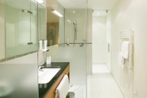インスブルックにあるホテル ザイラーのバスルーム(シャワー、シンク、鏡付)