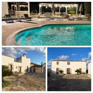 a collage of three pictures of a house and a swimming pool at Agriturismo Masseria Saittole in Carpignano Salentino