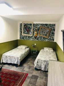 Dos camas en una habitación con paredes verdes. en PAPILLONS De Nuit Champagne Troyes, en Troyes