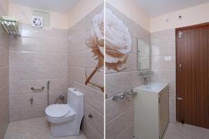 twee foto's van een badkamer met toilet en wastafel bij Upvan Guest House and Residence in Bhīm Tāl