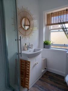 a bathroom with a sink and a mirror and a shower at The Fuzzy Duck in Broughty Ferry