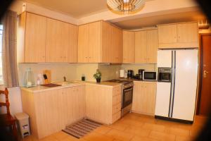 kuchnia z drewnianymi szafkami i białą lodówką w obiekcie Filoxenia Apartment w Atenach