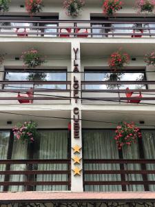 un edificio con flores a un lado. en Vila LOFT CUBE, en Sinaia