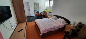 a small bedroom with a bed and a kitchen at Apartments Nebojša in Soko Banja