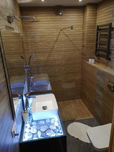 a bathroom with a shower and a tub with a sink at Apartament SIECHNICE in Siechnice