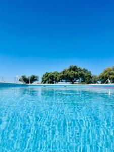 uma piscina de água azul com árvores ao fundo em El Bosque de Ribera em Escalona