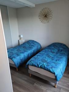 two beds in a room with blue sheets and a mirror at Bel appartement tout proche du Mont st Michel in Pontorson