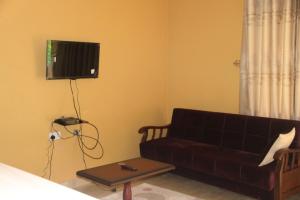 a living room with a couch and a tv on the wall at Snow Valley Cottages in Kasese