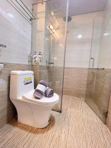 a bathroom with a toilet and a shower at TrangTien Hostel in Hanoi