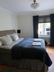 a bedroom with a bed with a blue comforter and a window at Dinx in Hällefors