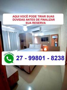 a poster for a hotel room with a bed in a room at CONFORTO IMBATIVEL - 25 metros do MAR - 2 Quartos com AR CONDICIONADOS SPLIT, Air Fryer, WI-FI, Netflix, Disney Plus, Star Plus, HBO Max, Guarda Sol, Cadeiras de Praia - 8 pessoas com muito conforto! in Guarapari