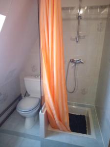 uma cortina de chuveiro laranja numa casa de banho com WC em GITE LA GRANDE AVALOUX em Artannes-sur-Indre