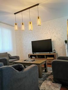 a living room with couches and a flat screen tv at Zelena oaza - kuca za odmor in Golubac