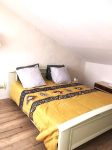 uma cama com um edredão amarelo e duas almofadas em La Grange de la Maison des chats em Saint-Amans-du-Pech