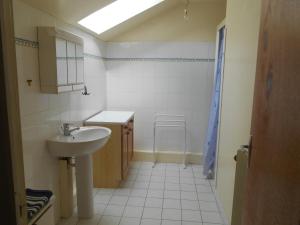 a bathroom with a sink and a mirror and a shower at Gîte grande capacité au calme circuit Cascades du Hérisson in Bonlieu