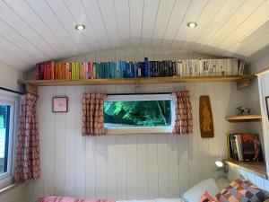 a small room with a window and books at Shepherd’s delight in Tintern