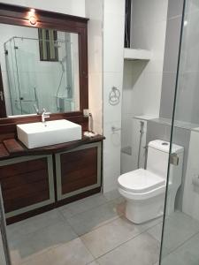 ein Badezimmer mit einem Waschbecken, einem WC und einem Spiegel in der Unterkunft Villa Suyara in Panadura