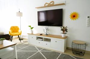 uma sala de estar com uma televisão na parede em Mein Apartment Flowers mit Klima, bis 10 Personen em Frankenthal