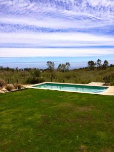 una piscina en un campo de césped verde en Hermosa y acogedora parcela cerca de viñas y playa, en Algarrobo