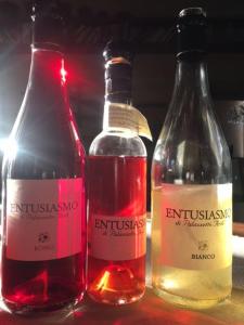 tres botellas de vino sentadas en una mesa en Palazzetto Ardi, en Torri di Confine