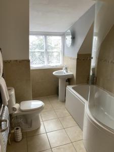 a bathroom with a toilet and a sink and a tub at Elizabeth Clark in Manningtree