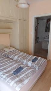 a bedroom with a bed and a bathroom with a sink at David Apartman in Gyula