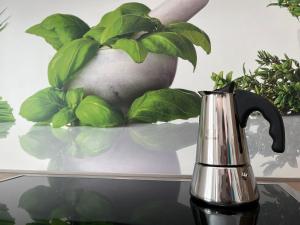 a black and silver kettle sitting on a table with a plant at Apartment Ansitz Unterwinkel in Caldaro