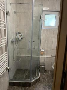 a shower with a glass door in a bathroom at Pool Garden-Oaza in Skopje