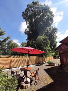 una mesa de picnic y sillas con una sombrilla roja en Ferienwohnung Kunst und Kulturschuppen Hasenmühle, en Kammerstein