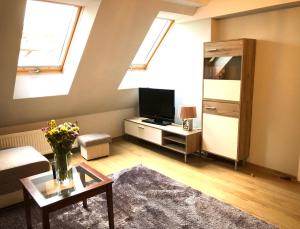 a living room with a skylight and a tv and a table at Apartament Natura in Koszalin