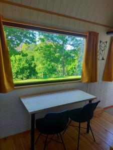1 mesa y 2 sillas en una habitación con ventana en Tiny Messancy, une immersion dans la nature !, en Messancy