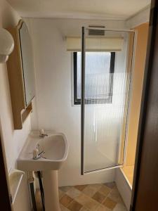a small bathroom with a sink and a shower at Central Ingoldmells, Seaview 6 berth in Ingoldmells