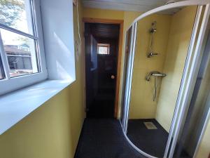 uma casa de banho com um espelho e uma cabina de duche ao nível do chão em Vainupea puhkemaja em Vainupea