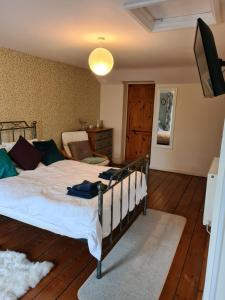 um quarto com uma cama e uma televisão de ecrã plano em North Wales Cosy Cottage with views near Eryri Snowdonia em Nantlle