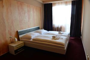 a bed in a room with a window and a bedvisor at Hotel Ďumbier in Brezno