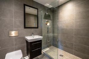a bathroom with a shower and a sink and a toilet at Apartment 304 @ Ryedale House in York