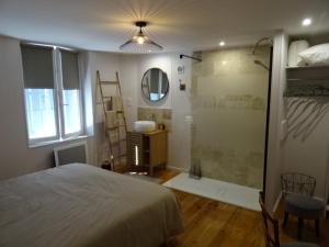 a bedroom with a bed and a bathroom with a shower at MAISON ATYPIQUE AVEC JARDIN AU PIED DU CLOS LUCE in Amboise