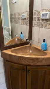 een badkamer met een houten wastafel en een spiegel bij Casa de vacanta TARA in Eşelniţa