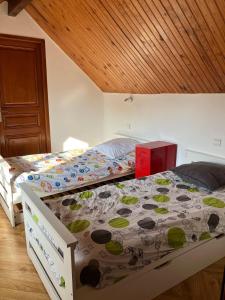 a bedroom with two beds and a wooden ceiling at La petite maison de la vallée in Bazainville