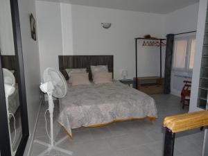 sypialnia z łóżkiem z wentylatorem i lustrem w obiekcie Maisonnette OCELIA 2 personnes Port de la Madrague w Marsylii
