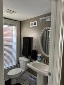 een badkamer met een toilet, een wastafel en een spiegel bij Old North Shanty in Saint Louis