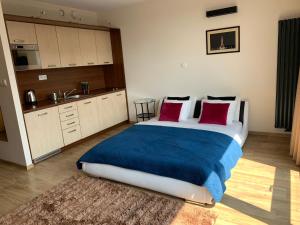 1 dormitorio con 1 cama grande con almohadas rojas en Dobry Wieczór we Wrocławiu en Wroclaw
