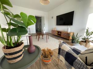 un soggiorno con piante su un tavolo e una TV di Dashing Central Oasis a Zara (Zadar)