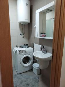 een badkamer met een wasmachine en een wastafel bij APARTMAN-STUDIO TEA SU in Subotica