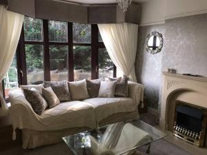 a living room with a couch and a fireplace at 3 bedroom home with stunning views and hot tub in Birmingham