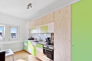 a kitchen with green and wooden cabinets at Like King Friedrich - Kicker - Parking - Kitchen in Friedberg