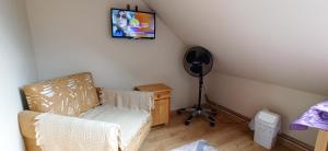 a living room with a chair and a tv on the wall at Nasz Dom w Daliowej - Beskid Niski in Jaśliska